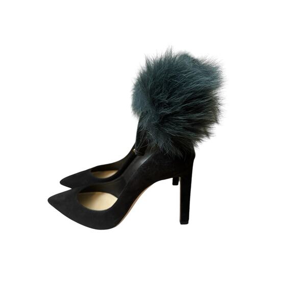 NEW Jimmy Choo Black Rosa 100 Fox Fur Pom-pom Suede D'orsay Ankle-strap Pumps 38 - Picture 2 of 8